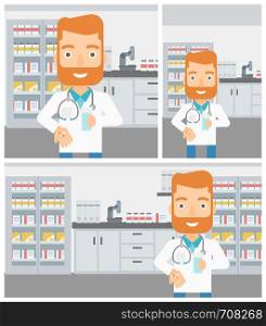 A hipster pharmacist with the beard in medical gown holding in hands a glass of water and pills in the laboratory. Vector flat design Illustration. Square, horizontal, vertical layouts.. Pharmacist giving pills and glass of water.