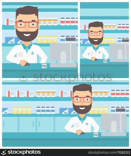 A hipster pharmacist with the beard in medical gown standing at pharmacy counter and working on a computer. Vector flat design Illustration. Square, horizontal, vertical layouts.. Pharmacist at counter with cash box.