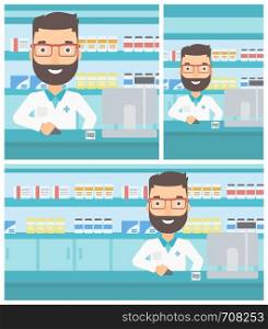 A hipster pharmacist with the beard in medical gown standing at pharmacy counter and working on a computer. Vector flat design Illustration. Square, horizontal, vertical layouts.. Pharmacist at counter with cash box.