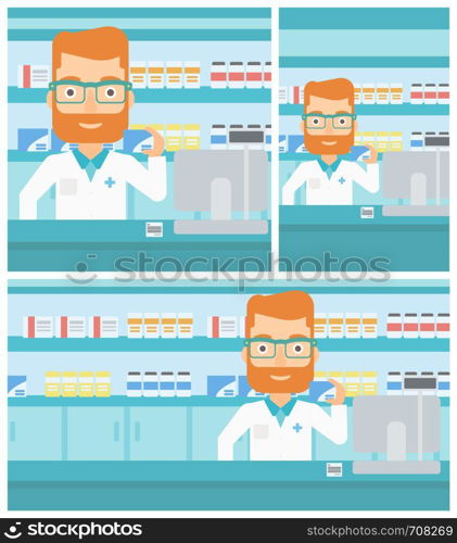 A hipster pharmacist with the beard standing at the counter and showing a box of pills in the pharmacy. Vector flat design Illustration. Square, horizontal, vertical layouts.. Pharmacist showing some medicine.