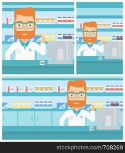 A hipster pharmacist with the beard standing at the counter and showing a box of pills in the pharmacy. Vector flat design Illustration. Square, horizontal, vertical layouts.. Pharmacist showing some medicine.