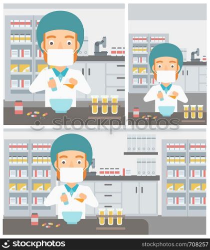 A hipster pharmacist with the beard using mortar and pestle for preparing medicine in the laboratory. Vector flat design Illustration. Square, horizontal, vertical layouts.. Pharmacist preparing medication.