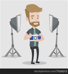 A hipster photographer with the beard holding a camera in photo studio. Photographer using professional camera in the studio. Young man taking a photo. Vector flat design illustration. Square layout.. Photographer with camera in photo studio.