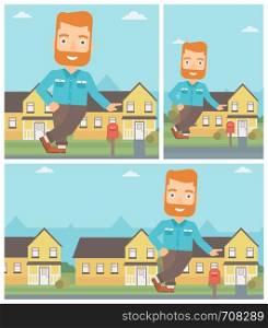 A hipster real estate agent with the beard standing near the house and offering it. Real estate agent leaning on the house. Vector flat design Illustration. Square, horizontal, vertical layouts.. Real estate agent offering house.