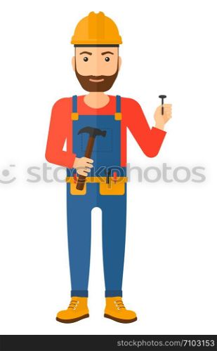 A hipster repairman in helmet with a hummer and a nail in hands vector flat design illustration isolated on white background. Vertical layout.. Cheerful repairman engineer.