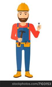 A hipster repairman in helmet with a hummer and a nail in hands vector flat design illustration isolated on white background. Vertical layout.. Cheerful repairman engineer.
