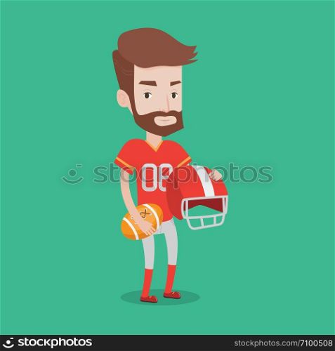 A hipster rugby player with the beard holding ball and helmet in hands. Young caucasian male rugby player in uniform. Vector flat design illustration. Square layout.. Rugby player vector illustration.