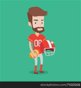 A hipster rugby player with the beard holding ball and helmet in hands. Young caucasian male rugby player in uniform. Vector flat design illustration. Square layout.. Rugby player vector illustration.
