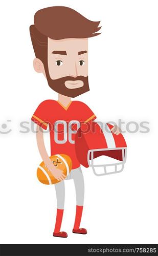 A hipster rugby player with the beard holding rugby ball and helmet in hands. Young caucasian male rugby player in uniform. Vector flat design illustration isolated on white background.. Young rugby player vector illustration.