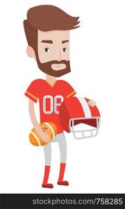 A hipster rugby player with the beard holding rugby ball and helmet in hands. Young caucasian male rugby player in uniform. Vector flat design illustration isolated on white background.. Young rugby player vector illustration.