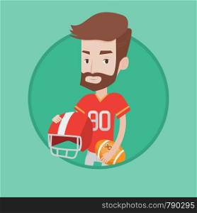 A hipster rugby player with the beard holding rugby ball and helmet in hands. Young caucasian male rugby player in uniform. Vector flat design illustration in the circle isolated on background.. Rugby player vector illustration.