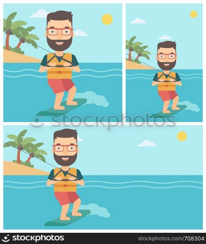 A hipster sportsman wakeboarding on the sea. Wakeboarder making tricks. Man studying wakeboarding. Young man riding wakeboard. Vector flat design illustration. Square, horizontal, vertical layouts.. Professional wakeboard sportsman.