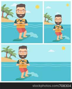 A hipster sportsman wakeboarding on the sea. Wakeboarder making tricks. Man studying wakeboarding. Young man riding wakeboard. Vector flat design illustration. Square, horizontal, vertical layouts.. Professional wakeboard sportsman.