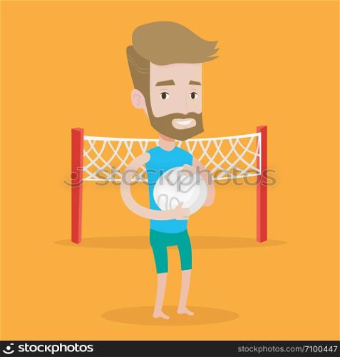 A hipster sportsman with the beard holding volleyball ball in hands. Sportive beach volleyball player standing on a background with voleyball net. Vector flat design illustration. Square layout.. Beach volleyball player vector illustration.