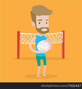 A hipster sportsman with the beard holding volleyball ball in hands. Sportive beach volleyball player standing on a background with voleyball net. Vector flat design illustration. Square layout.. Beach volleyball player vector illustration.