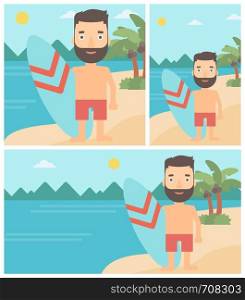 A hipster surfer with the beard standing with a surfboard on the beach. Professional surfer with a surf board at the beach. Vector flat design illustration. Square, horizontal, vertical layouts.. Surfer holding surfboard vector illustration.