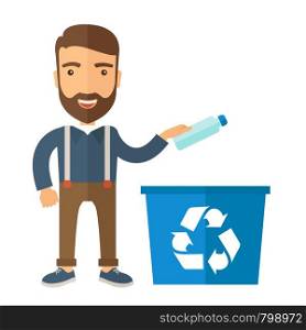 A hipster throwing plastic container into blue can with recycle symbol. A Contemporary style. Vector flat design illustration isolated white background. Square layout.. Man throwing plastic container into recycle can
