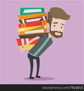 A hipster tired student with the beard carrying a heavy pile of books on his back. Upset student walking with huge stack of books. Concept of education. Vector flat design illustration. Square layout.. Student with pile of books vector illustration.