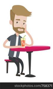 A hipster upset man with the beard sitting at the bar with cocktail. Caucasian sad man sitting alone at the bar and drinking cocktail. Vector flat design illustration isolated on white background.. Man drinking cocktail at the bar.