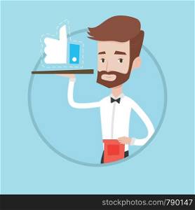 A hipster waiter with the beard carrying tray with like button. Caucasian young waiter holding restaurant tray with like button. Vector flat design illustration in the circle isolated on background.. Waiter with like button vector illustration.