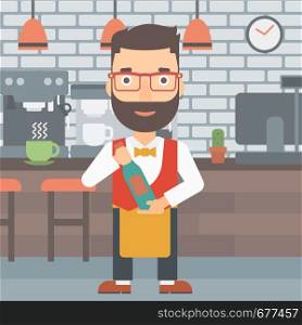 A hipster waiter with the beard holding a bottle in hands on the background of a cafe vector flat design illustration. Square layout. . Waiter holding bottle of wine.