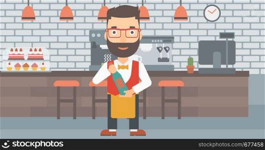 A hipster waiter with the beard holding a bottle in hands on the background of a cafe vector flat design illustration. Horizontal layout. . Waiter holding bottle of wine.