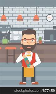 A hipster waiter with the beard holding a bottle in hands on the background of a cafe vector flat design illustration. Vertical layout. . Waiter holding bottle of wine.