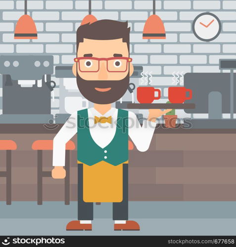 A hipster waiter with the beard holding a tray with cups of tea or coffee at the bar vector flat design illustration. Square layout.. Waiter holding tray with beverages.