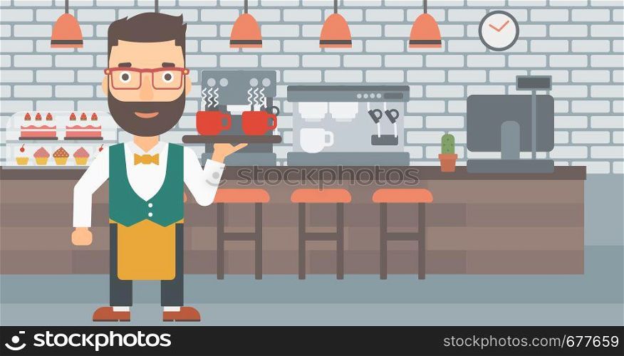 A hipster waiter with the beard holding a tray with cups of tea or coffee at the bar vector flat design illustration. Horizontal layout.. Waiter holding tray with beverages.