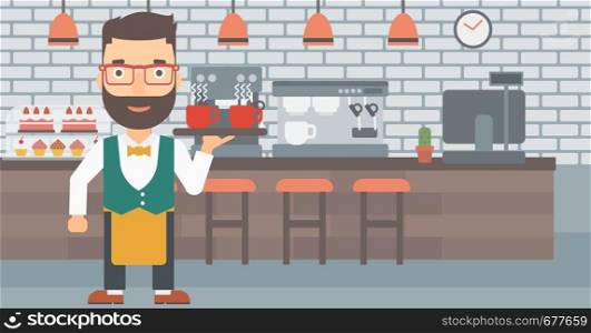 A hipster waiter with the beard holding a tray with cups of tea or coffee at the bar vector flat design illustration. Horizontal layout.. Waiter holding tray with beverages.
