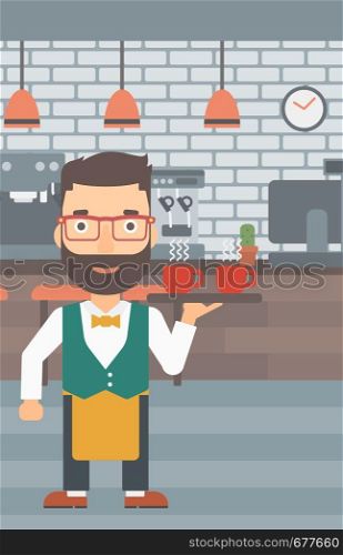 A hipster waiter with the beard holding a tray with cups of tea or coffee at the bar vector flat design illustration. Vertical layout.. Waiter holding tray with beverages.