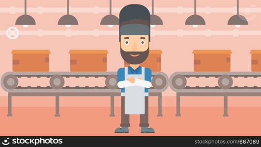 A hipster welder with the beard on the background of factory workshop with conveyor belt vector flat design illustration. Horizontal layout.. Confident smiling welder.