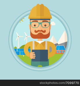 A hipster worker of solar power plant. Worker with tablet computer at solar power plant. Worker checking solar panel setup. Vector flat design illustration in the circle isolated on background.. Male worker of solar power plant.