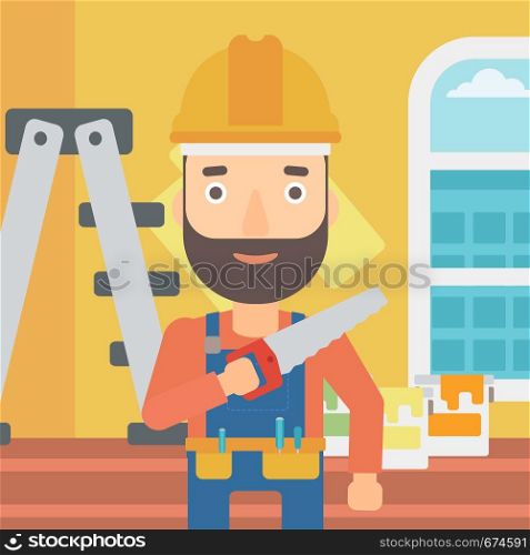 A hipster worker with the beard holding a saw in hand on a background of room with paint cans and ladder vector flat design illustration. Square layout.. Smiling worker with saw.
