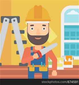 A hipster worker with the beard holding a saw in hand on a background of room with paint cans and ladder vector flat design illustration. Square layout.. Smiling worker with saw.