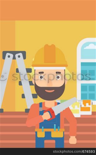 A hipster worker with the beard holding a saw in hand on a background of of room with paint cans and ladder vector flat design illustration. Vertical layout.. Smiling worker with saw.