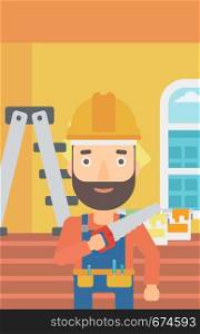 A hipster worker with the beard holding a saw in hand on a background of of room with paint cans and ladder vector flat design illustration. Vertical layout.. Smiling worker with saw.