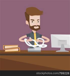 A hipster worker with the beard sitting in office and tearing furiously bills. Young angry businessman calculating invoices. Business bankruptcy concept. Vector flat design illustration. Square layout. Angry businessman tearing bills or invoices.