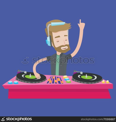 A hipster young DJ with the beard mixing music on turntables. DJ playing and mixing music on deck. Caucasian DJ wearing headphones at the party. Vector flat design illustration. Square layout.. DJ mixing music on turntables vector illustration.