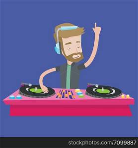 A hipster young DJ with the beard mixing music on turntables. DJ playing and mixing music on deck. Caucasian DJ wearing headphones at the party. Vector flat design illustration. Square layout.. DJ mixing music on turntables vector illustration.
