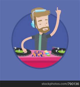 A hipster young DJ with the beard mixing music on turntables. DJ playing and mixing music on deck. Caucasian DJ in headphones. Vector flat design illustration in the circle isolated on background.. DJ mixing music on turntables vector illustration.