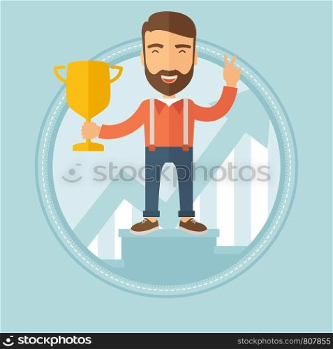 A hipster young satisfied businessman with the beard standing on a pedestal with winner cup and celebrating his business award. Vector flat design illustration in the circle isolated on background.. Businessman proud of his business award.