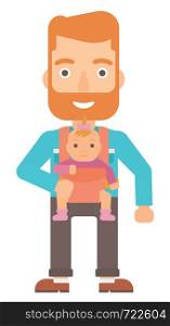 A hipstre man with the beard carrying a baby in sling vector flat design illustration isolated on white background. . Man holding baby in sling.
