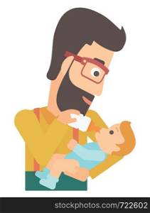 A hipstre man with the beard feeding a little baby with a milk bottle vector flat design illustration isolated on white background. . Man feeding baby.