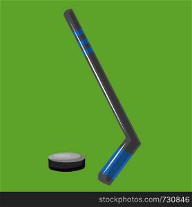 A Hockey stick and ball in green background vector color drawing or illustration.