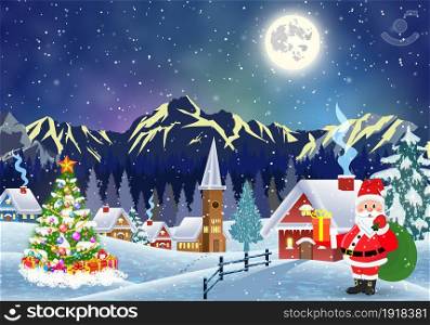 A house in a snowy Christmas landscape at night. christmas tree and Santa Claus with gift bag. concept for greeting or postal card. house in snowy Christmas landscape at night