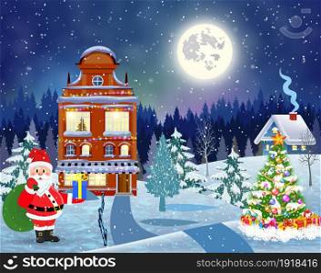 A house in a snowy Christmas landscape at night. christmas tree and Santa Claus with gift bag. concept for greeting or postal card. house in snowy Christmas landscape at night