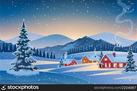 A house in a snowy Christmas landscape at night. christmas tree. concept for greeting or postal card. A house in a snowy Christmas landscape at night.