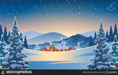 A house in a snowy Christmas landscape at night. christmas tree. concept for greeting or postal card. A house in a snowy Christmas landscape at night.