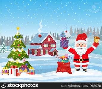 A house in a snowy Christmas landscape. christmas tree and Santa Claus with gift bag. concept for greeting or postal card. Merry christmas holiday. New year and xmas celebration. .. house in snowy Christmas landscape